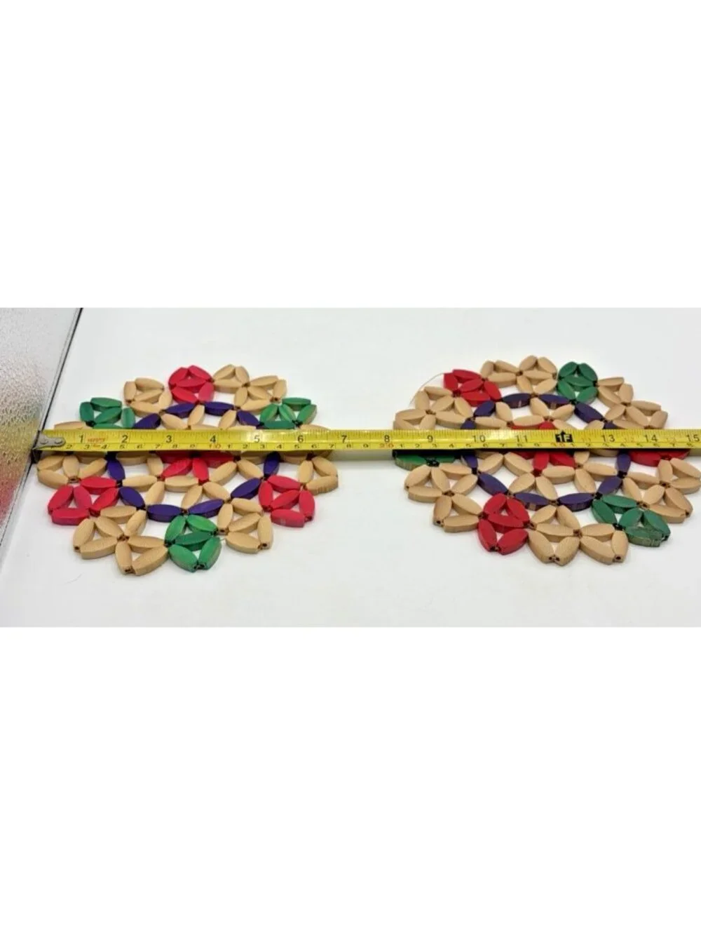 Vintage Folk Art Wooden Bead Trivets Red Green Natural Lot of 2 Hot Pad Pot Mat
